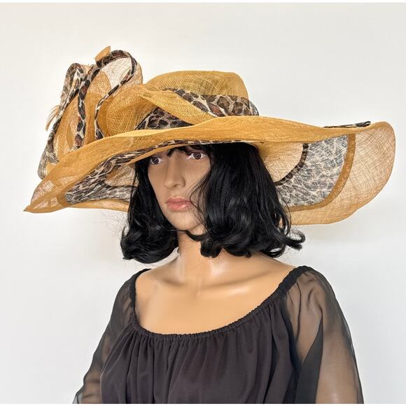 CC exclusives Big straw wide brimmed hat animal print Big bow and feather - Picture 12 of 16